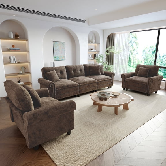 Sophia&William 5-Seat Modular Sectional Sofa Set, Modern Chenille Cloud Couch Oversized Sofa with Nailhead Trim, 5 Pillows for Living Room, Brown