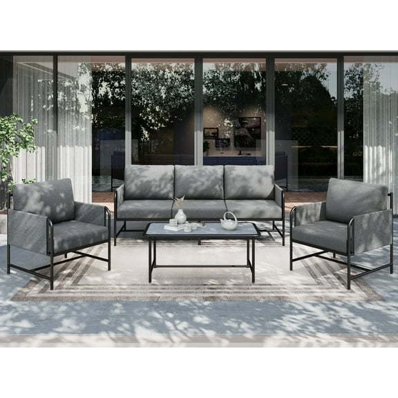 Sophia&William 5 Seat Outdoor Patio Furniture Set Luxury Metal Cushioned Conversation Set with 26.8"W Seat & Marble-textured Coffee Table, Gray