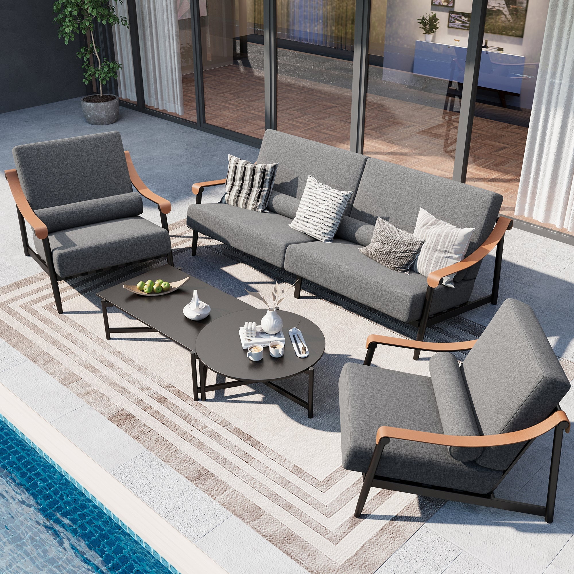 Sophia&William 5 Pieces Outdoor Patio Furniture Set Modern Metal Conversation Set with 29.5" Deep Seats Reclined Lounge Chairs & Modular Coffee Tables & 6.3" Cushions, Gray