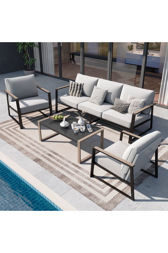 Sophia&William 5 Seat Patio Conversation Set Modern Metal Outdoor Cushioned Furniture Set with Wider Chairs & Color-blocking Coffee Table, Gray