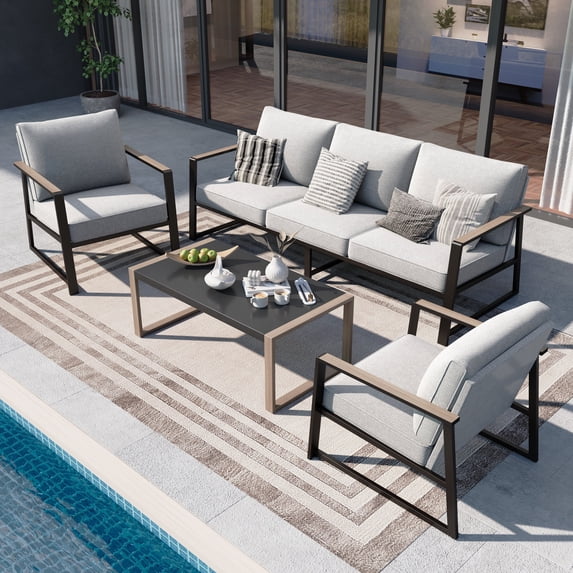Sophia&William 5 Seat Outdoor Patio Furniture Set Modern Metal Cushioned Conversation Set with Wider Chairs & Color-blocking Coffee Table, Gray