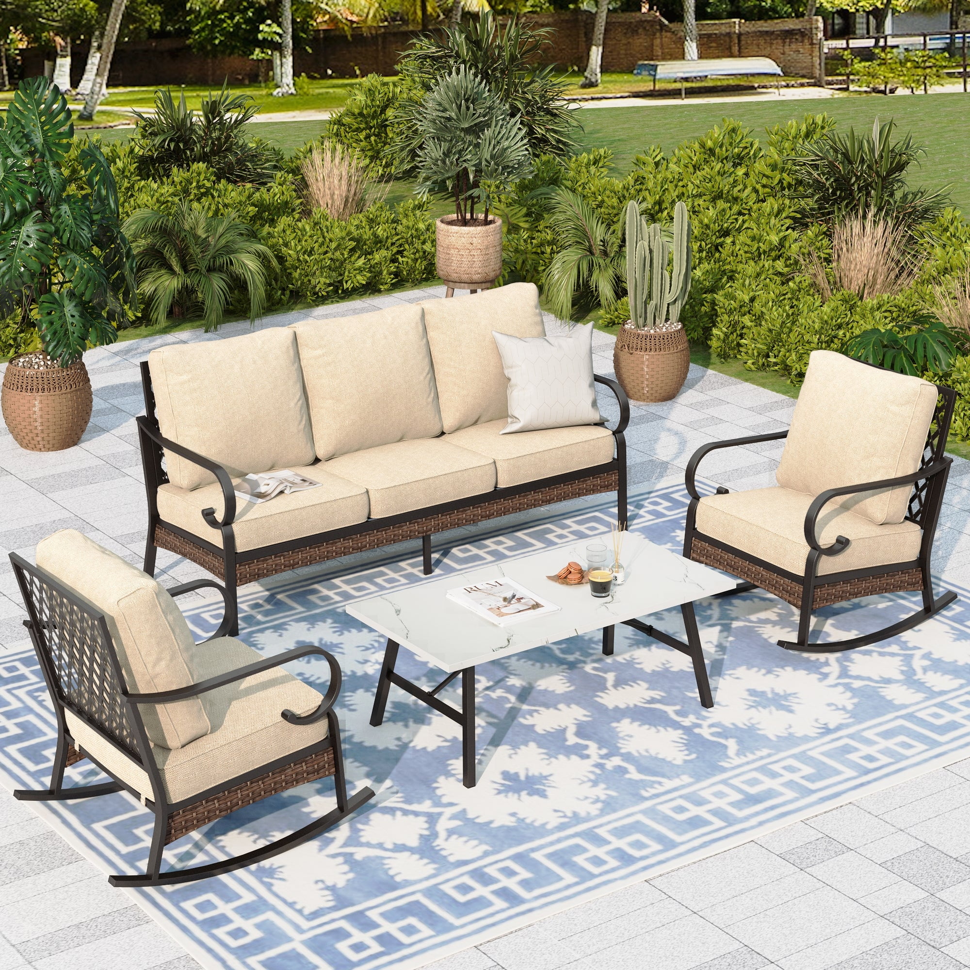 Sophia & William 5 Seat Patio Conversation Set,Outdoor Furniture Sofa Set with Rocking Chairs, Beige