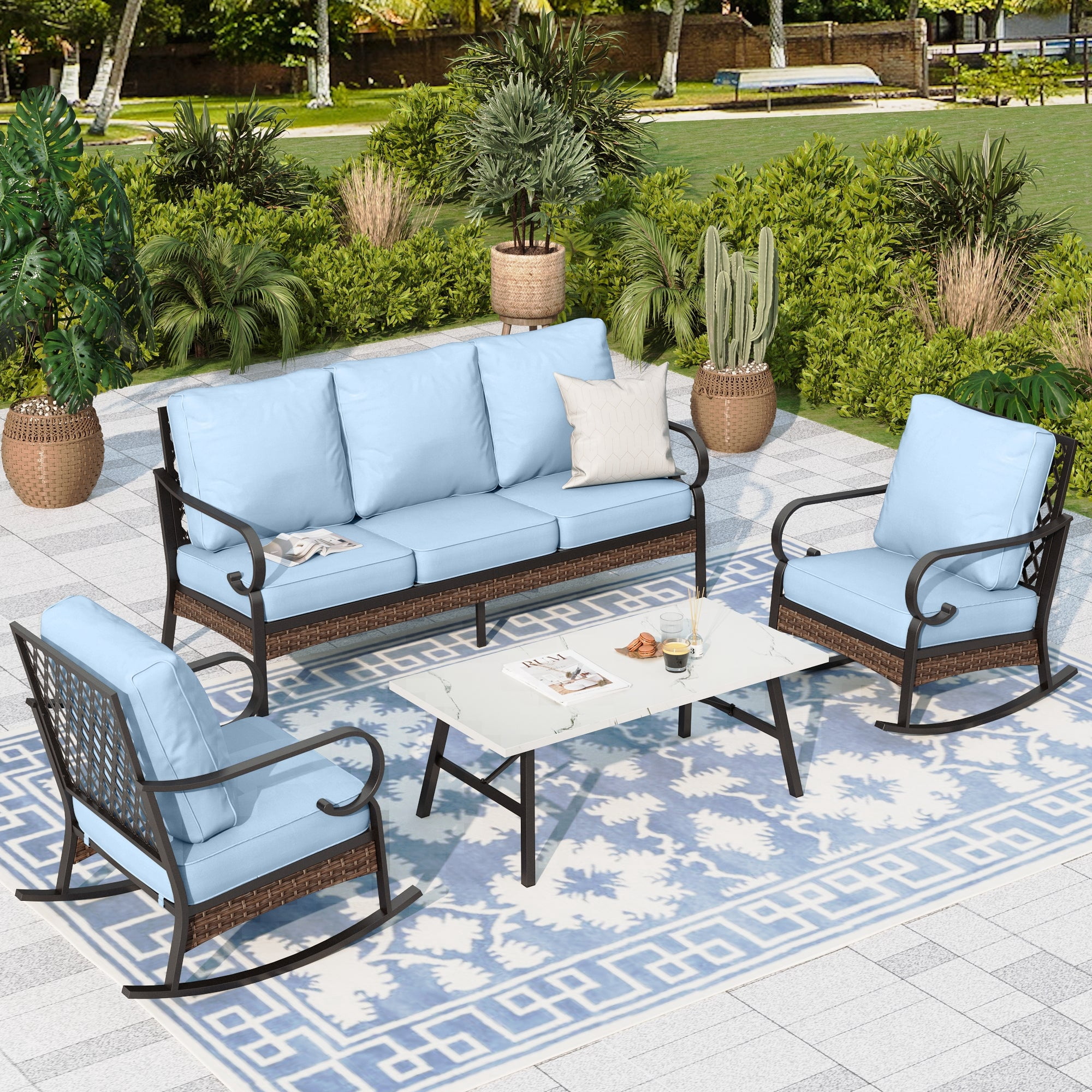 Sophia & William 5 Seat Patio Conversation Set,Outdoor Metal Furniture Sofa Set with Rocking Chairs, Blue