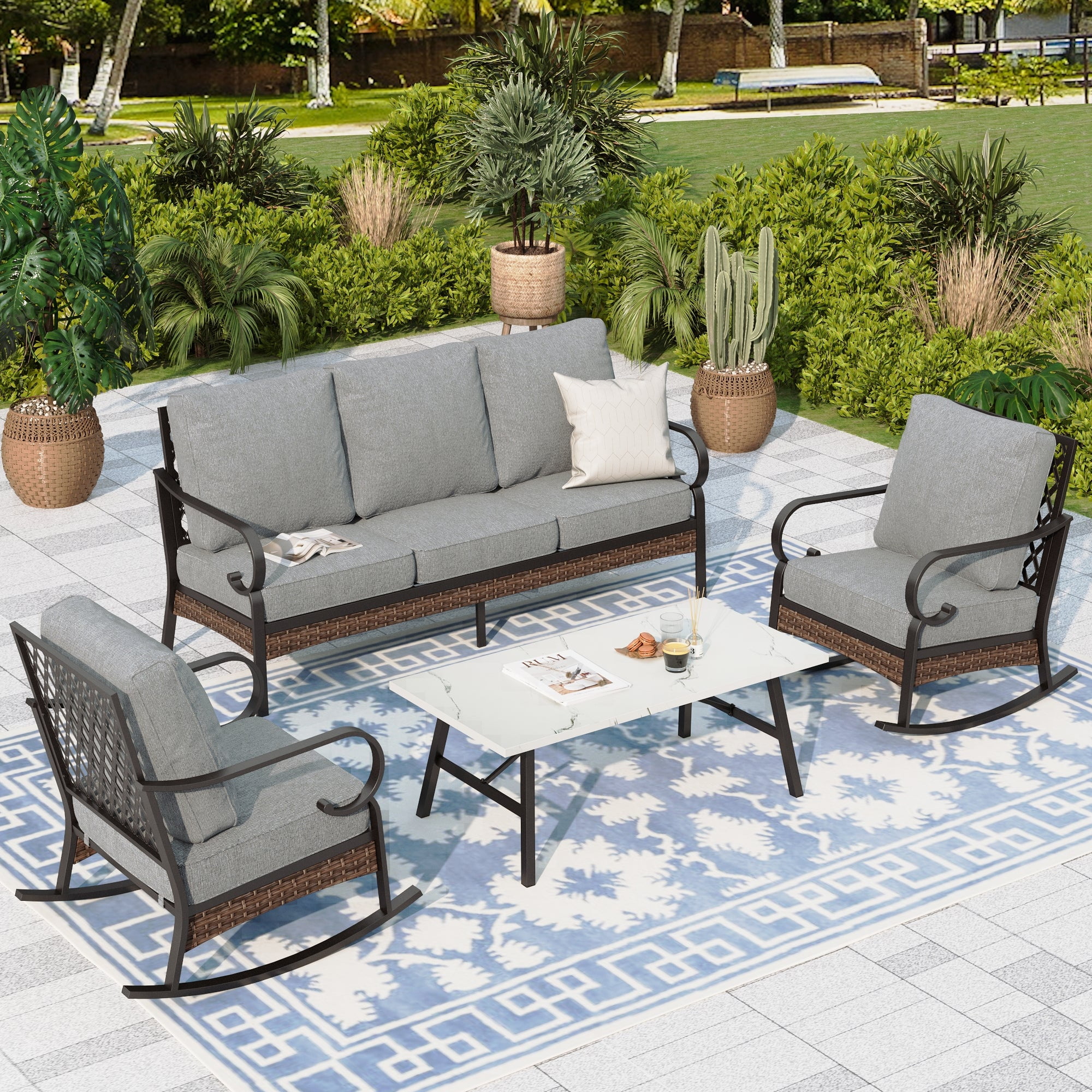 Sophia & William 5 Seat Patio Conversation Set,Outdoor Metal Furniture Sofa Set with Rocking Chairs, Gray