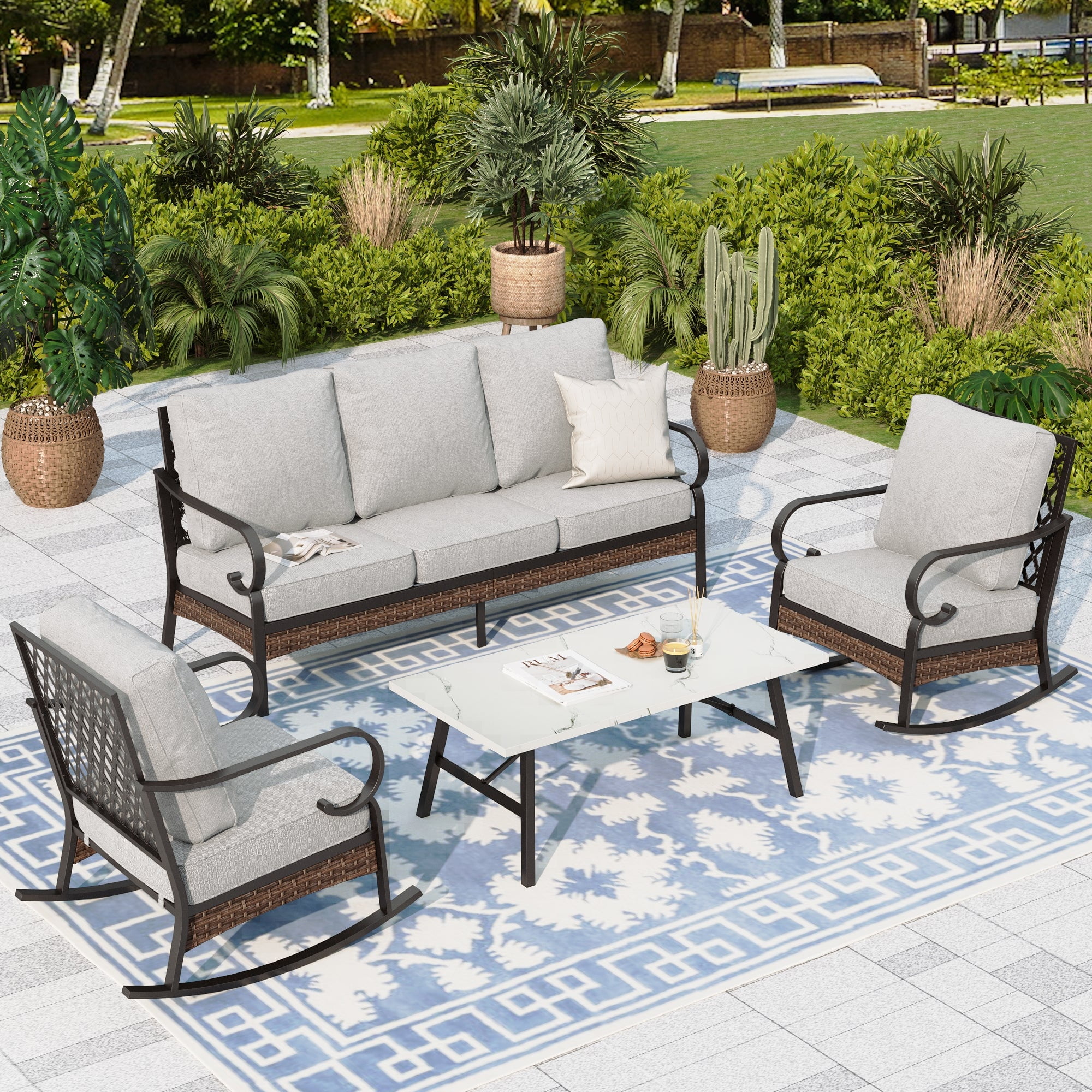 Sophia & William 5 Seat Patio Conversation Set,Outdoor Metal Furniture Sofa Set with Rocking Chairs, Light Gray