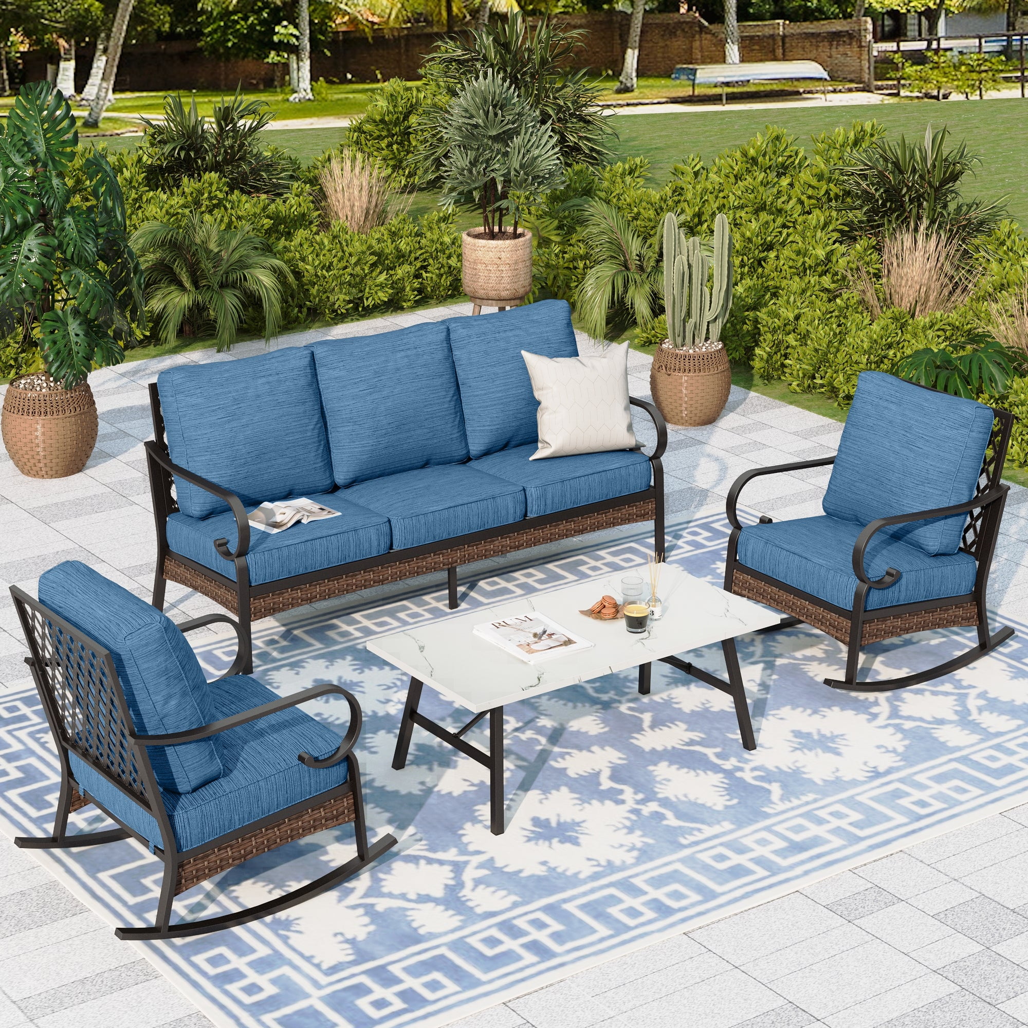 Sophia & William 5 Seat Patio Conversation Set,Outdoor Metal Furniture Sofa Set with Rocking Chairs, Pacific Blue