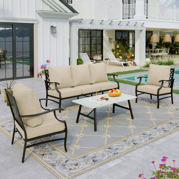 Sophia&William 5 Seat Patio Conversation Set Outdoor Sofa Chairs and Marble Table Furniture Set, Beige