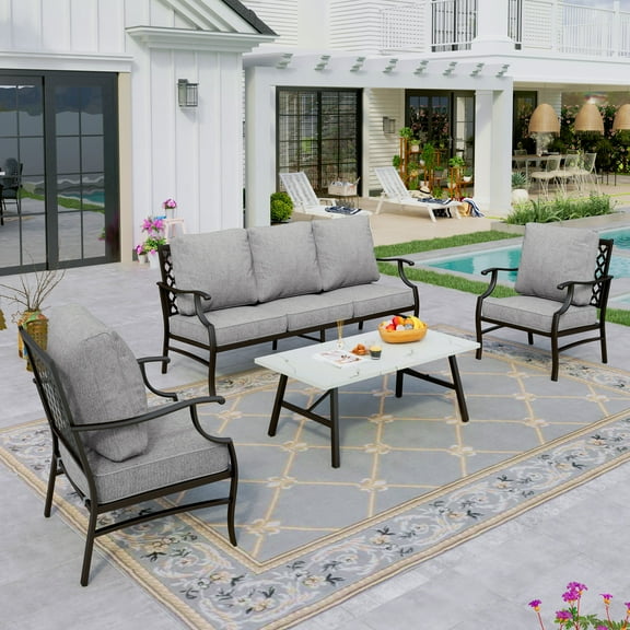 Sophia&William 5 Seat Patio Conversation Set Outdoor Sofa Furniture Set with Marble Table, Gray