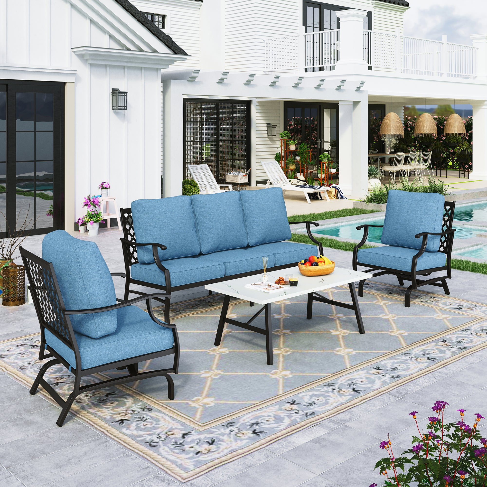 Sophia&William 5 Seat Patio Outdoor Furniture Set Metal Conversation Set with Rocking Chairs and 5.75" Thickened Cushion and Coffee Table, Navy Blue