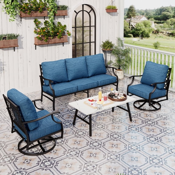 Sophia&William 5 Seat Patio Conversation Set Outdoor Furniture Set Outside Sofa with Marble Table, Pacific Blue