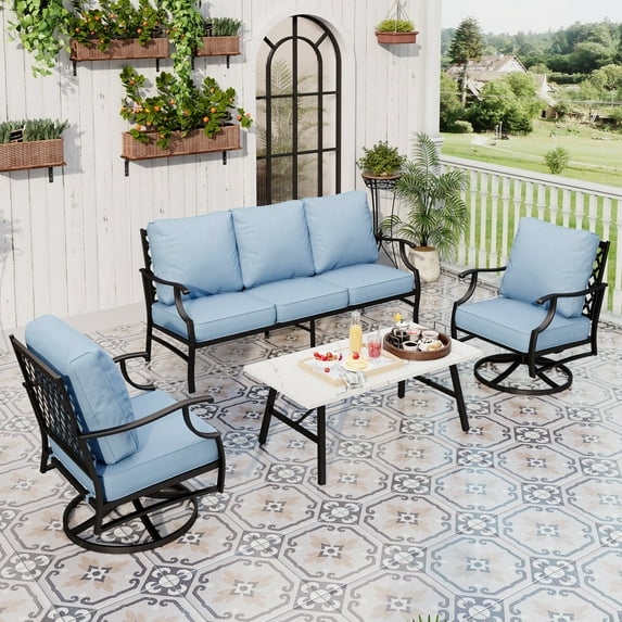 Sophia&William 5 Seat Patio Furniture Set Outdoor Conversation Set with Swivel Chairs and Marble Table Set, Blue