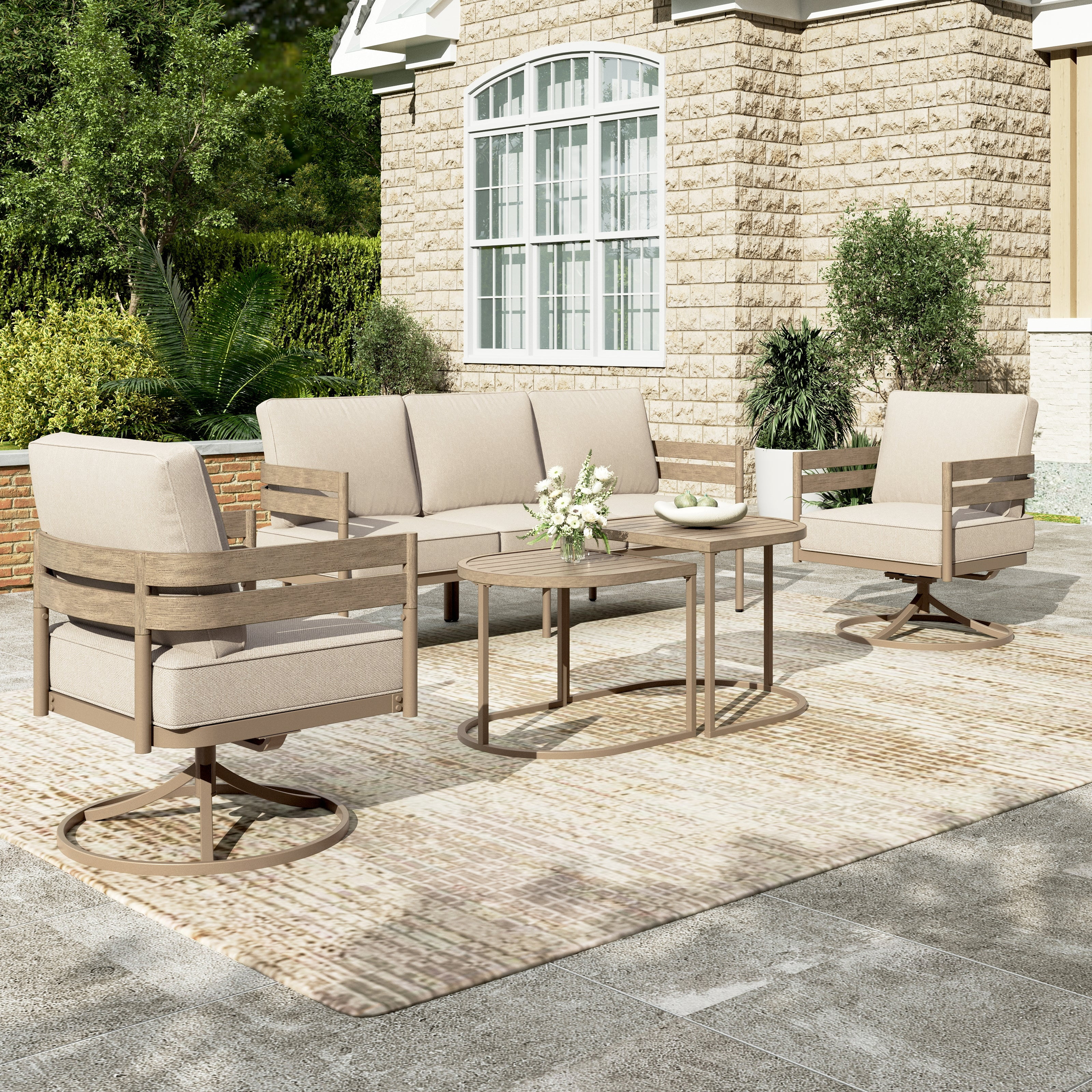 Walmart Black Friday Deals 2025 - Sophia & William 5 Seat Patio Outdoor Furniture Set Wooden-like Streamlined Conversation Set with Swivel Chairs & Combined Coffee Table, Beige