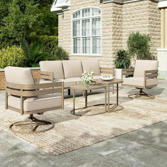 Sophia & William 5 Seat Patio Outdoor Furniture Set Wooden-like Streamlined Conversation Set with Swivel Chairs & Combined Coffee Table, Beige