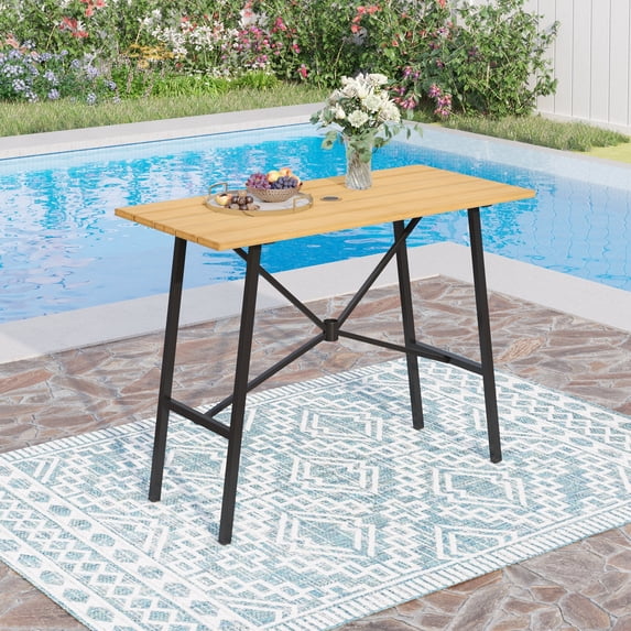 Sophia & William 55" Rectangular Metal Outdoor Patio Wood-like Bar Height Table for 4 with Umbrella Hole