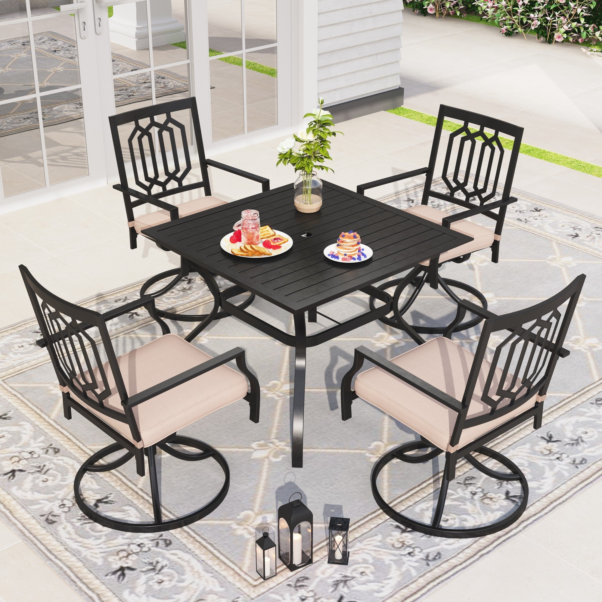"Sophia & William 4-Person High Back Bistro Patio Furniture Set with Umbrella Hole, 37"" Square Table & Swivel Chairs"