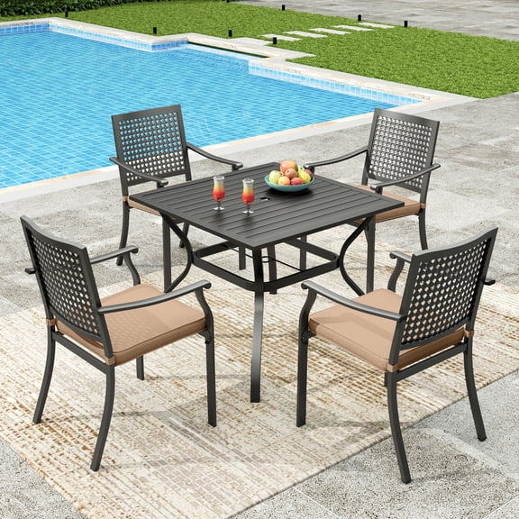 Sophia&William 5Pcs Patio Dining Set Outdoor Metal Cushioned Chairs and Square Table w/3.2" Beige Cushion for 4