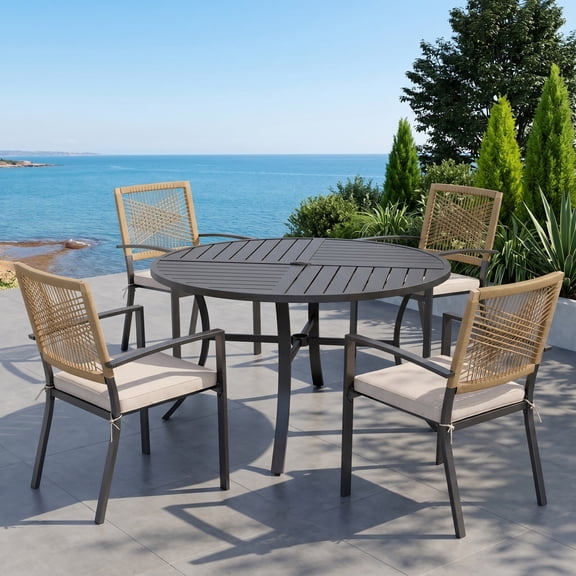 Sophia&William 5Pcs Patio Dining Set Outdoor Metal Stackable Chairs with Wicker Rattan Backrest & 42" Round Table Furniture Sets with Beige Cushion for 4