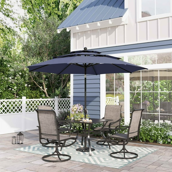 Sophia & William 6-Piece Outdoor Patio Dining Set with 10 FT Navy Umbrella, Textilene Chairs & Square Table Furniture Set for 4