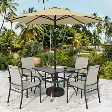 Sophia & William 6-Piece Outdoor Patio Dining Set with 9ft Beige Umbrella, Metal Steel Square Table & 4 Textilene Chairs Patio Set,Brown