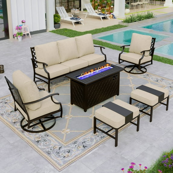 Sophia&William 6 Piece Outdoor Furniture Set Patio Conversation Sofa Set with 45" Fire Pit Table, Ottomans, Beige