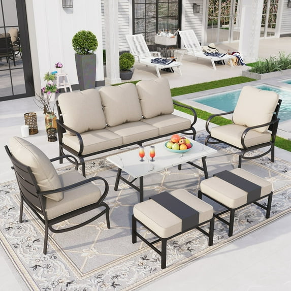 Sophia&William 6 Piece Patio Conversation Set Outdoor Table and Sofa Chairs Furniture Sets with 2 Ottomans, Beige
