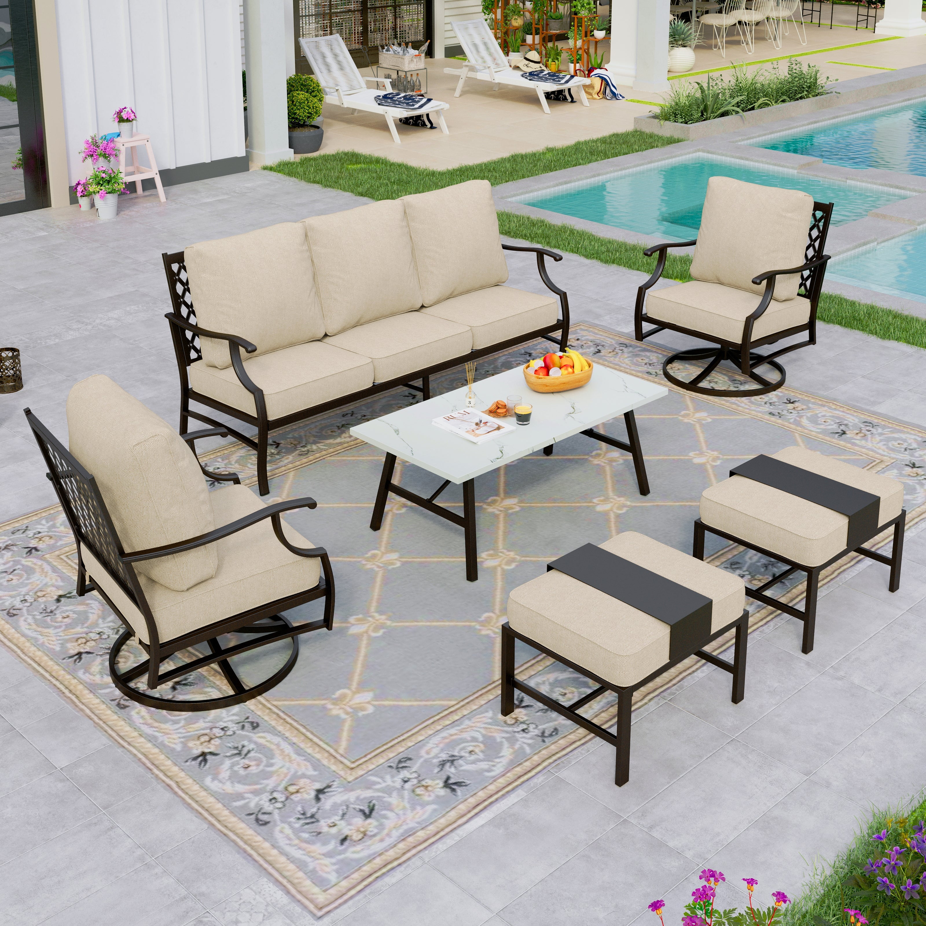 Sophia&William 6 Piece Patio Outdoor Furniture Sets Metal Conversation Set with Table and Swivel Chairs Outside Seating with 2 Ottomans, Beige