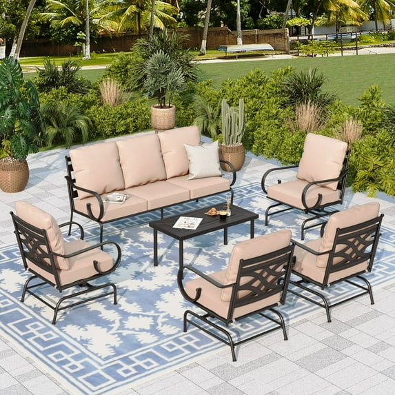 Sophia & William 6 Pieces Metal Patio Furniture Set Outdoor Sectional Conversation Set with Rocking Chair, Beige