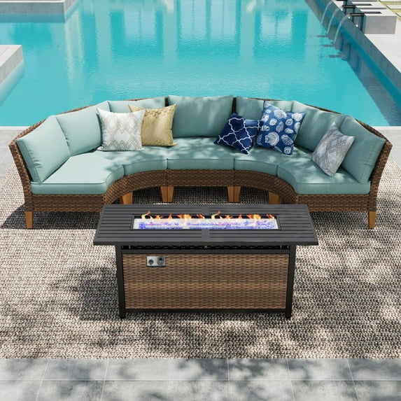 Alpha Joy 6 Pieces Outdoor Conversation Set with 56" Fire Pit Table Wicker Half-Moon Patio Furniture, Turquoise