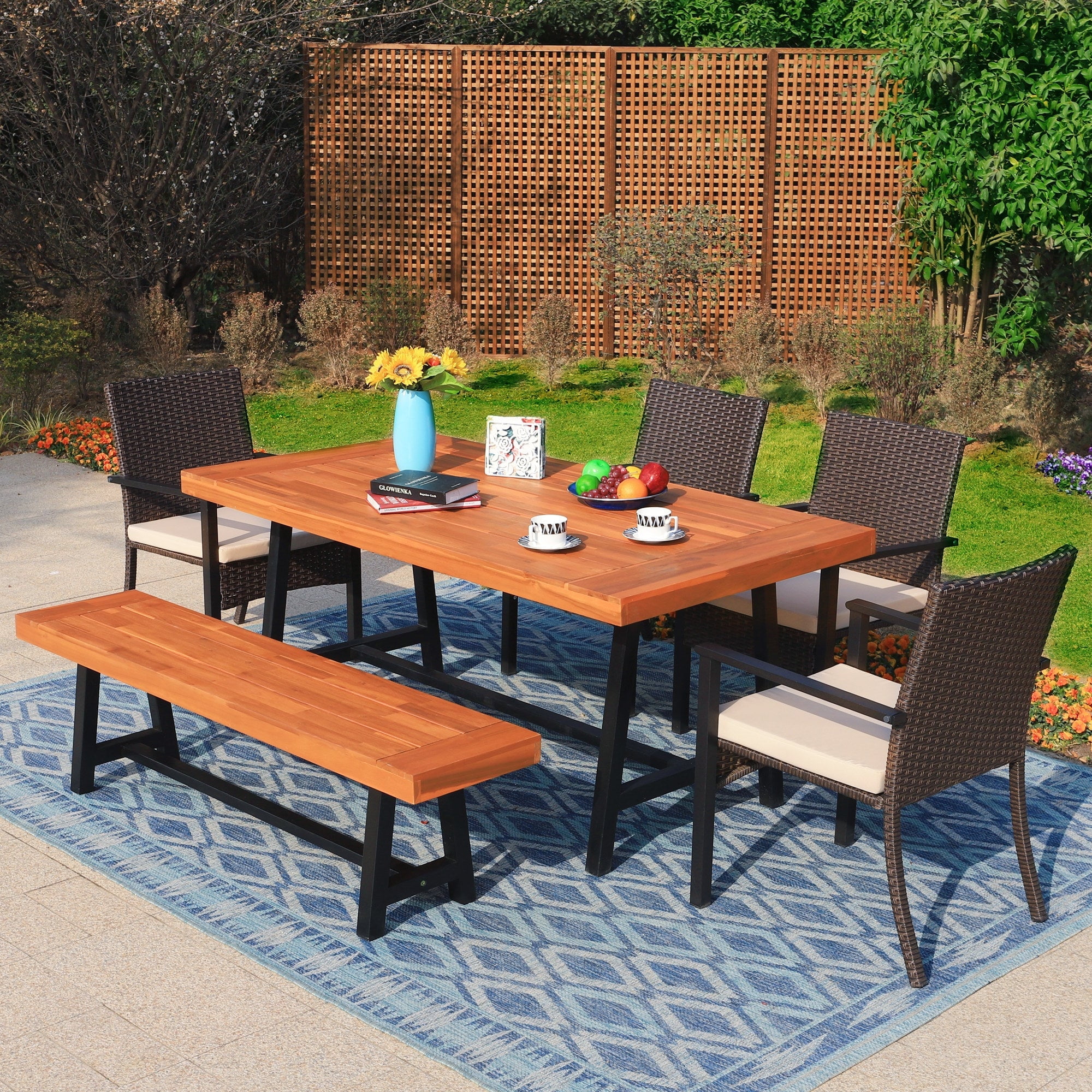 Sophia William 6 Pieces Outdoor Patio Dining Set Dining Wicker Chairs Wood Table Set 6 Person