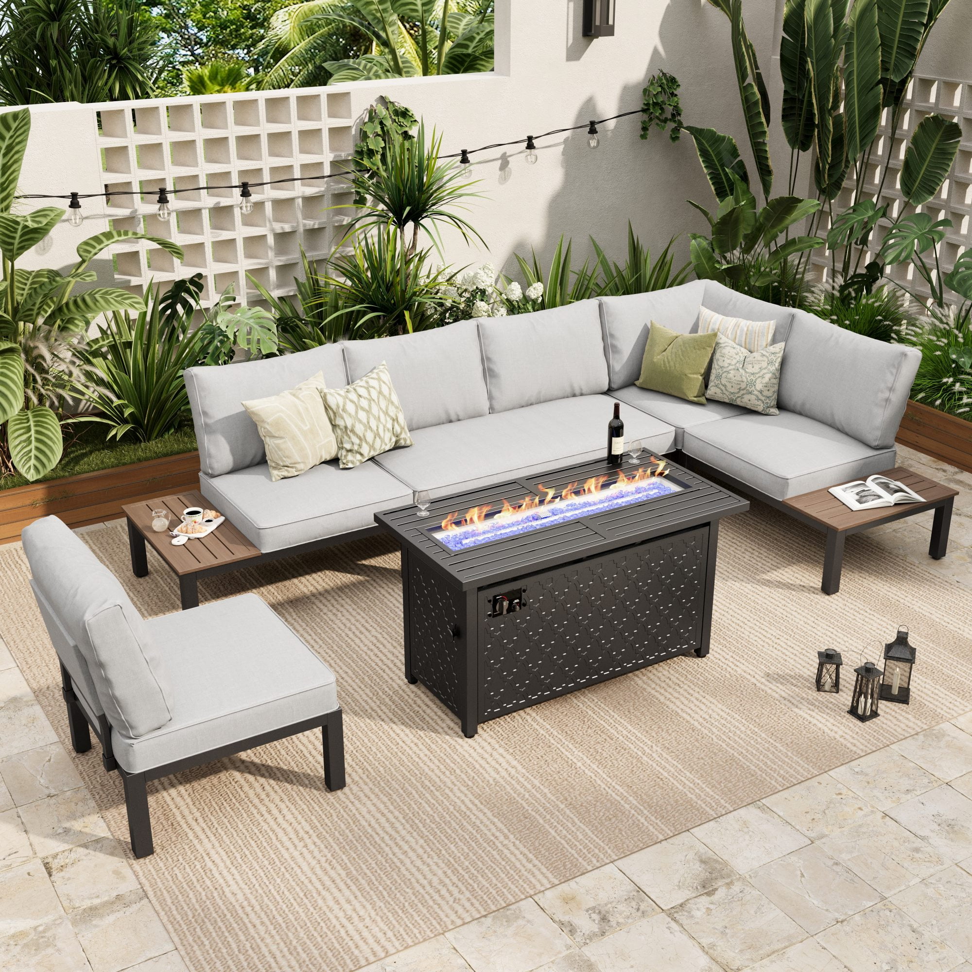 Sophia & William 6 Pieces Outdoor Patio Furniture Conversatio Sofa Set with Fire Pit Table, Light Grey Cushion