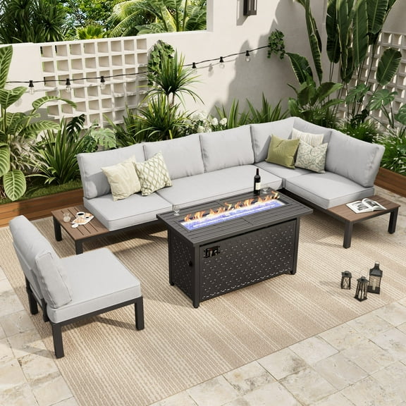 Sophia & William 6 Pieces Outdoor Patio Furniture Conversatio Sofa Set with Fire Pit Table, Light Grey Cushion