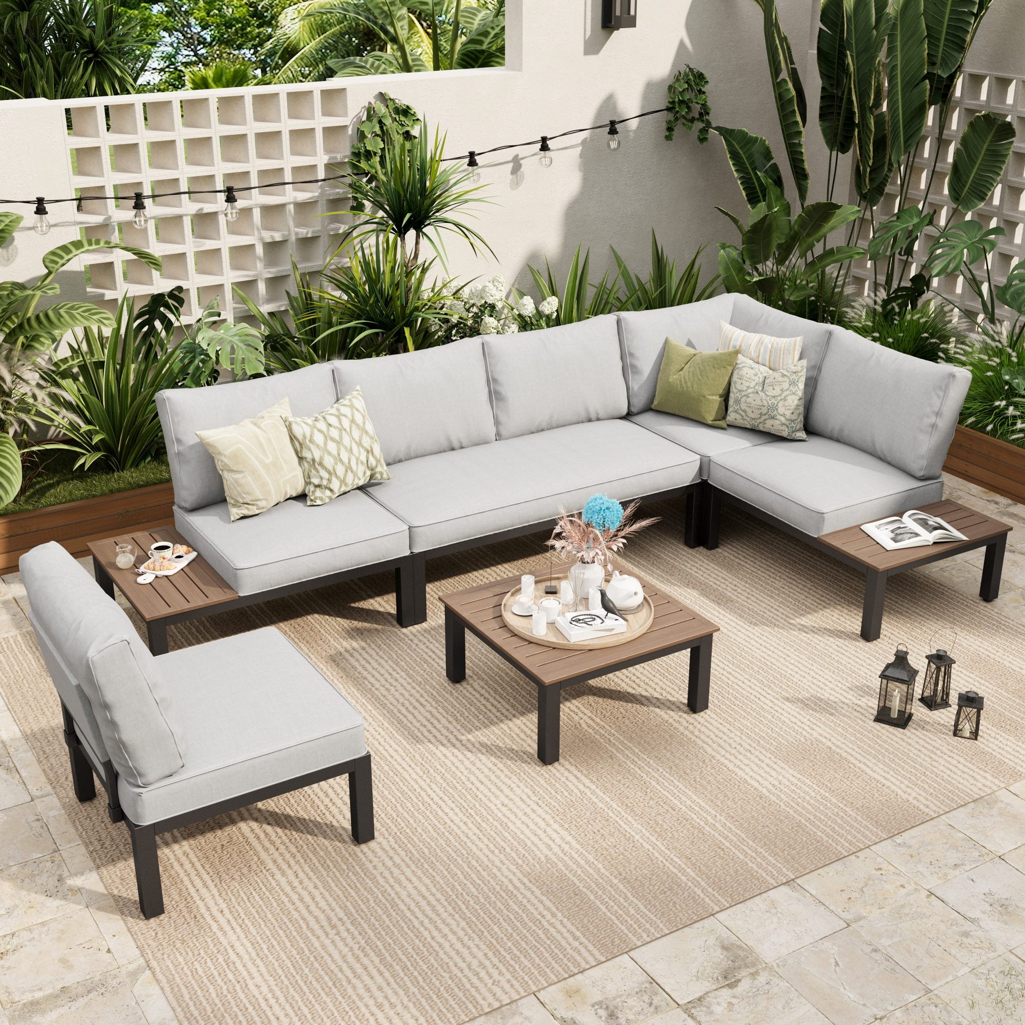Sophia & William Outdoor Patio Sectional Sofa Set, 6 Pieces, Metal, Light Grey, with Coffee Table & Cushions