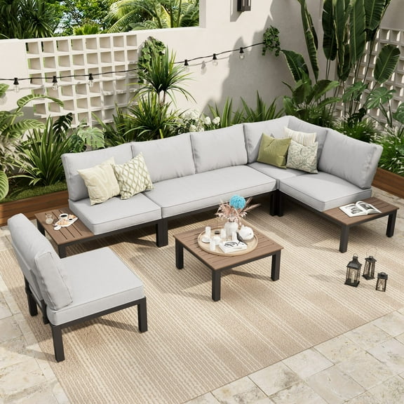 Sophia & William 6 Pieces Outdoor Patio Furniture Sectional Sofa Set Metal Conversation Set with Coffee Table & Cushioned Chairs, Light Grey
