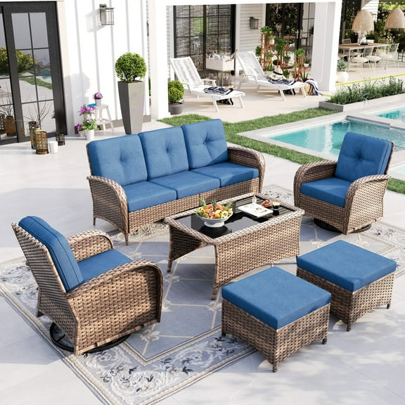 Sophia & William 6 Pieces Outdoor Patio Furniture Set 7-Seat Wicker Outdoor Conversation Sofa Set with Swivel Glider & 2 Ottomans, Navy