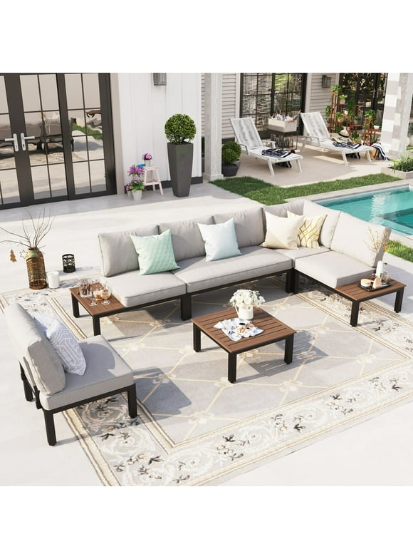 Sophia & William 6 Pieces Outdoor Patio Sectional Sofa Set Metal Conversation Set with Coffee Table & Cushions, Light Grey