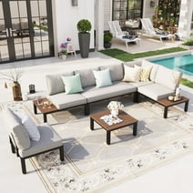 Sophia & William 6 Pieces Outdoor Patio Sectional Sofa Set Metal Conversation Set with Coffee Table & Cushions, Light Grey
