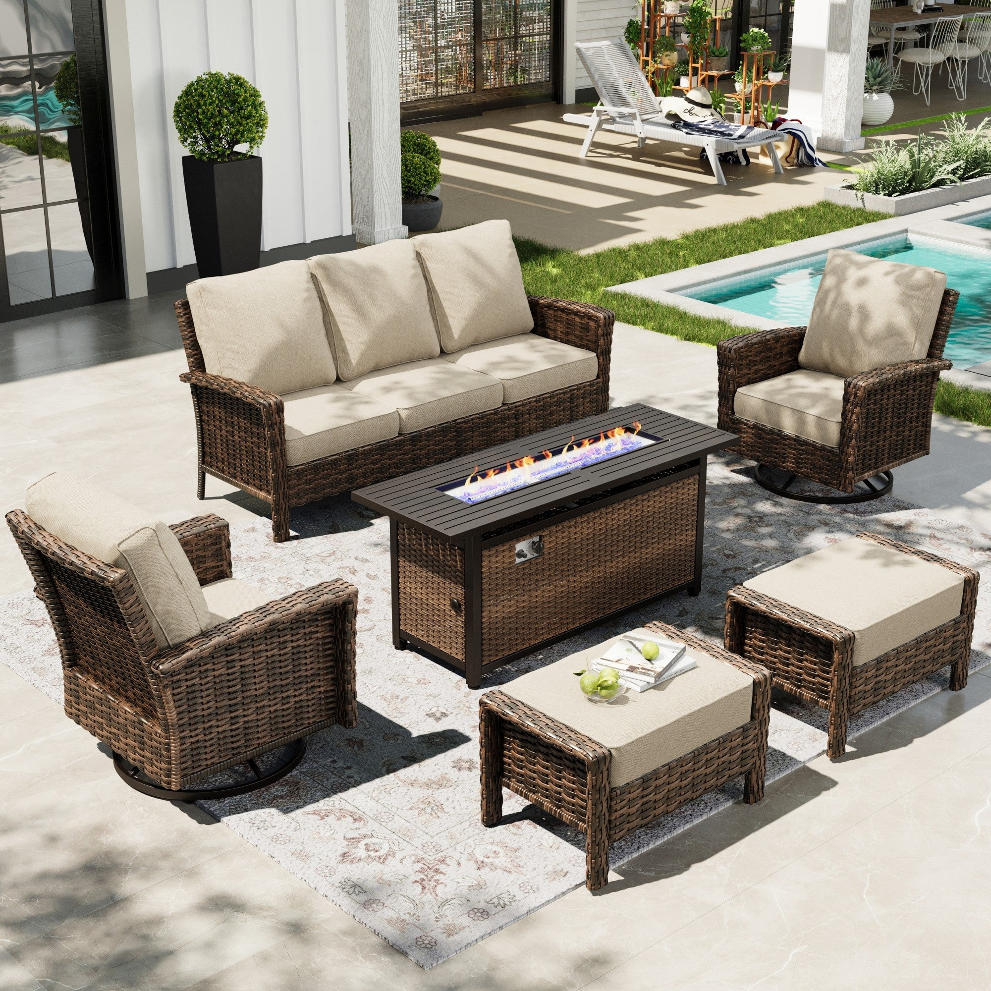 Sophia & William 6 Pieces Patio Furniture Set with 56" Fire Pit Table, Swivel High Back Chairs and 5.5" Thickened Cushions