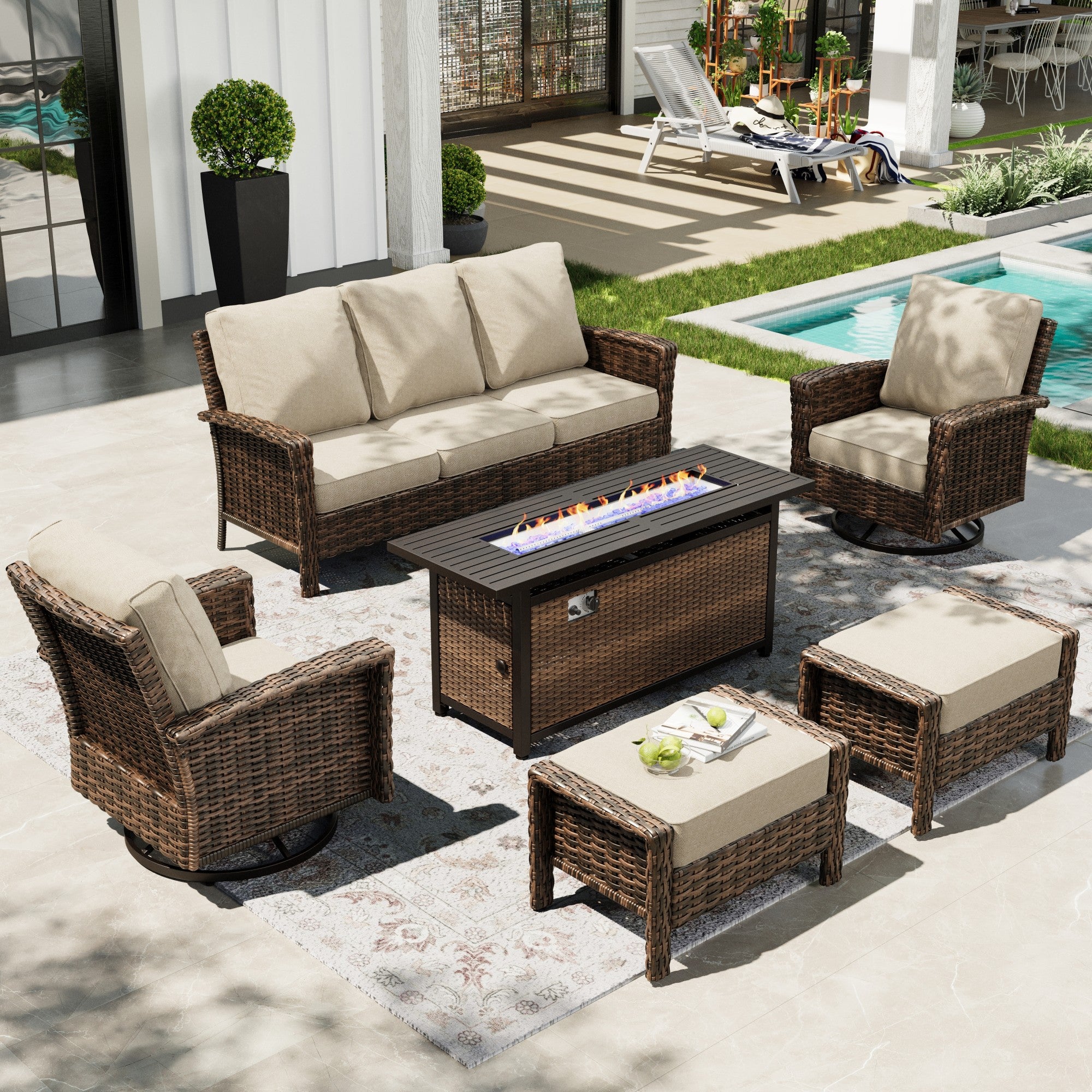 Sophia & William 6 Pieces Patio Furniture Set with 56" Fire Pit Table, Swivel High Back Chairs and 5.5" Thickened Cushions at Walmart