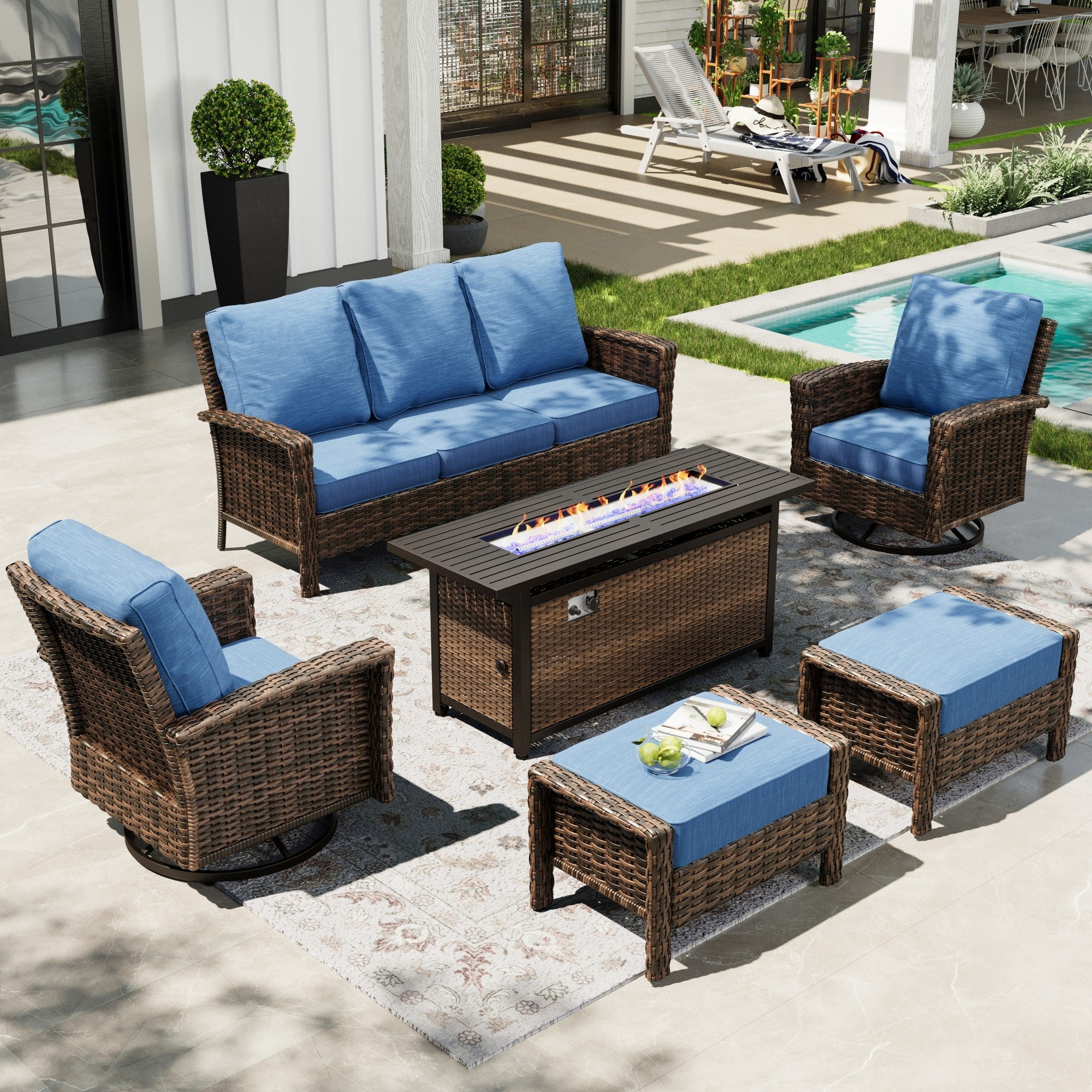 Sophia & William 6 Pieces Patio Furniture Set with 56" Fire Pit Table, Swivel High Back Chairs and 5.5" Thickened Cushions