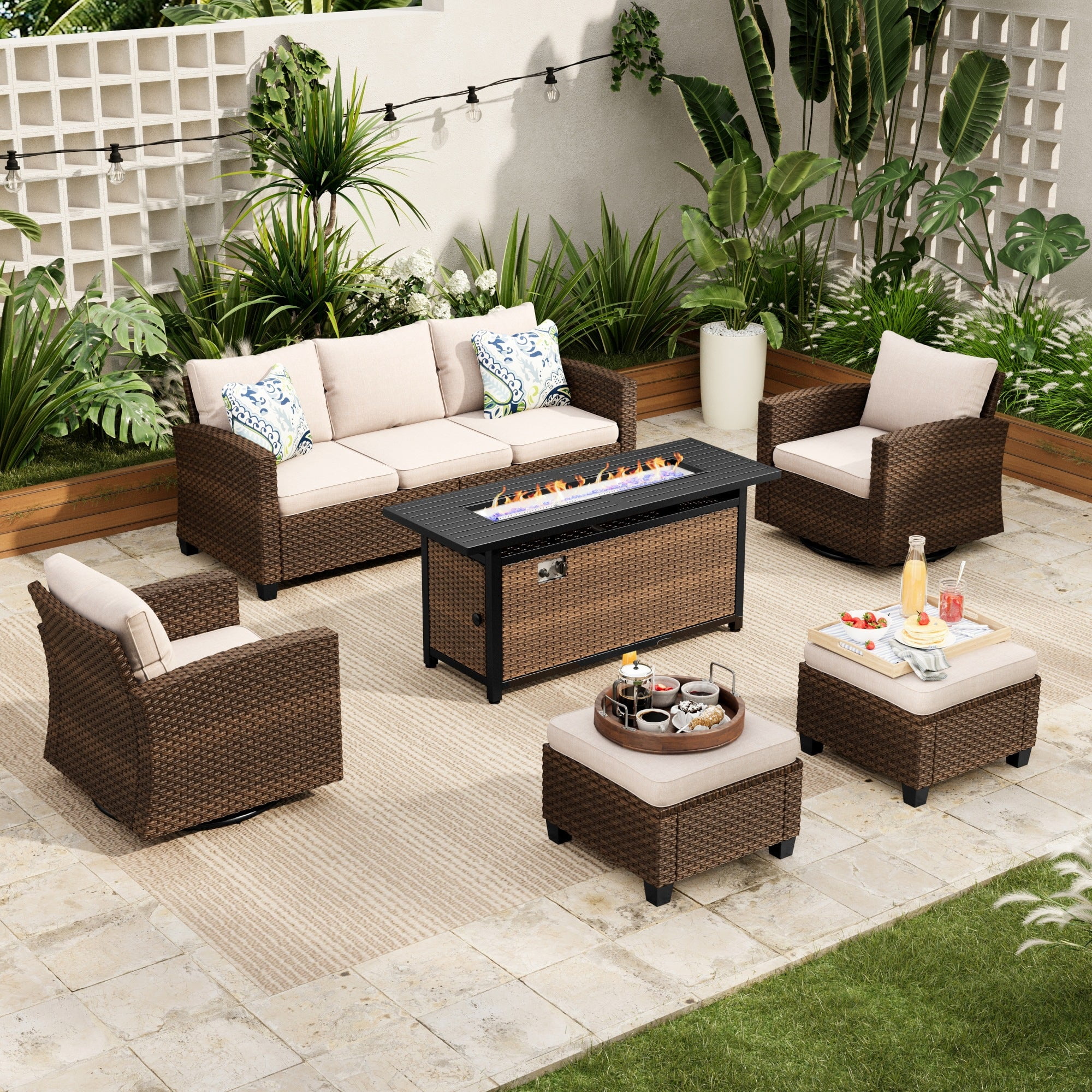 Sophia & William 6 Pieces Patio Furniture Set with Swivel Chairs and 56” Fire Pit Table, Beige