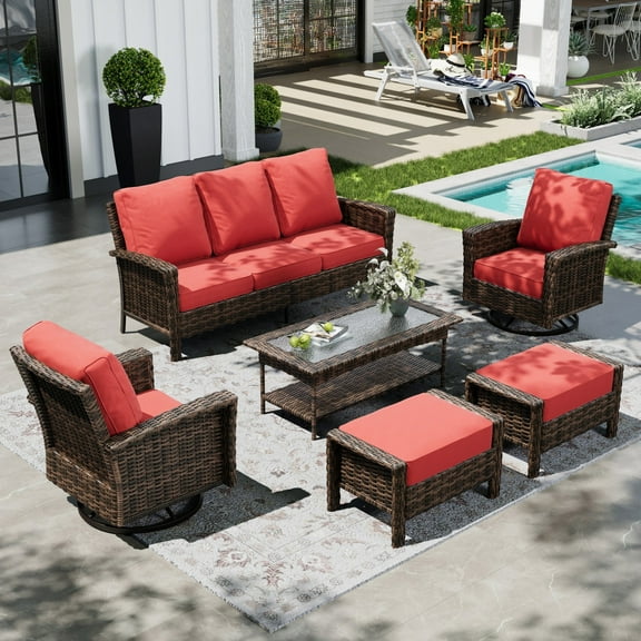 Sophia & William 6 Pieces Outdoor Furniture Set with Swivel Chairs 7-Seat Wicker Patio Conversation Set with Thickened Cushions