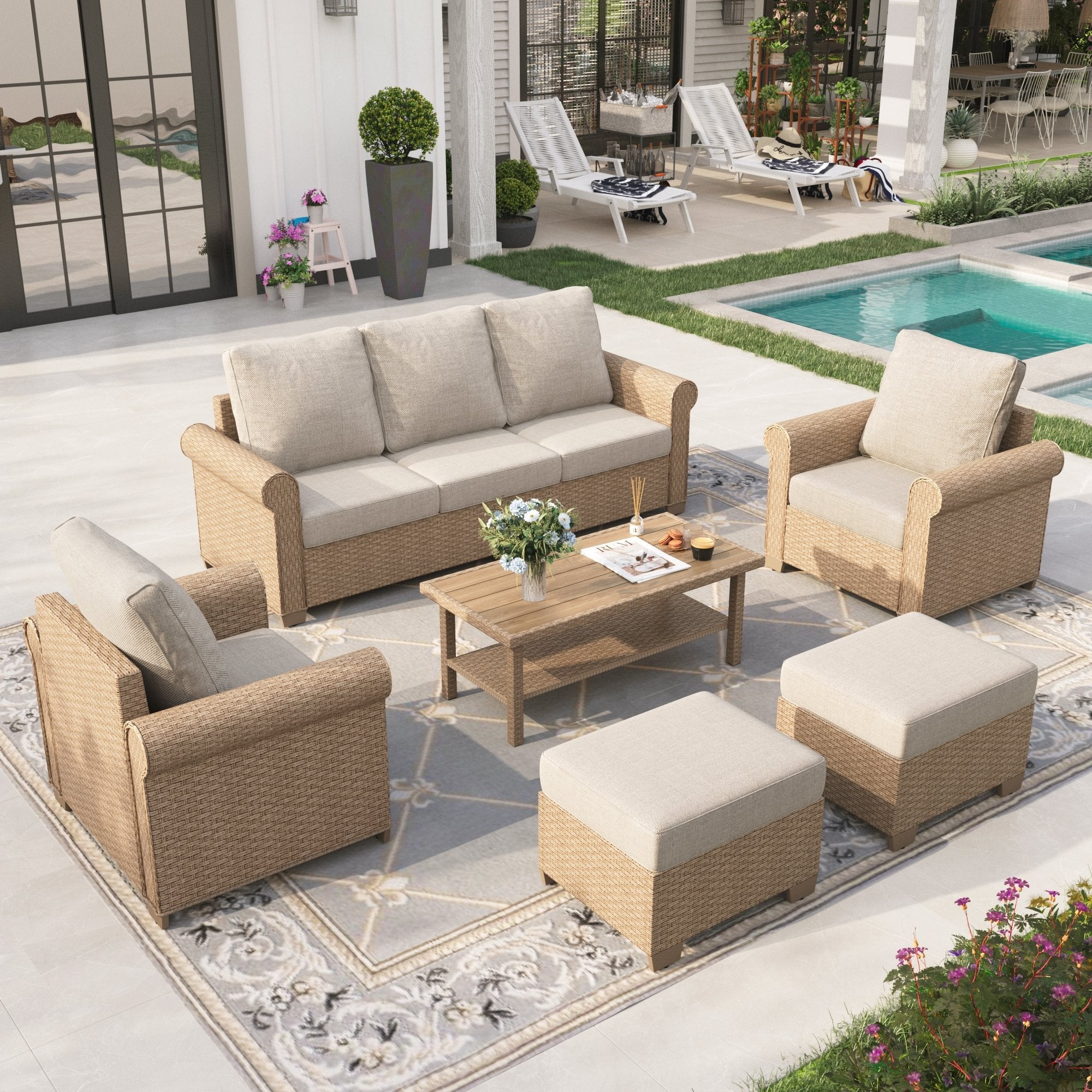 Walmart Deal of Sophia & William 6 Pieces Wicker Patio Furniture Set 7-Seat Outdoor Cushioned Conversation Set with Coffe Table, Beige