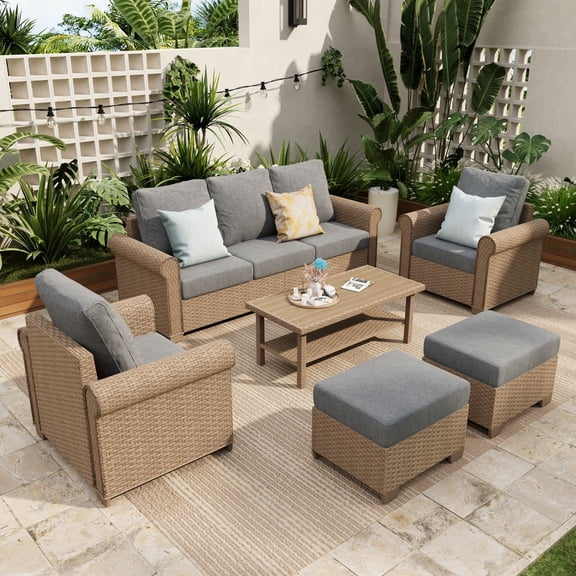 Sophia & William 6 Pieces Wicker Patio Furniture Set 7-Seat Outdoor Cushioned Conversation Set with Coffe Table, Gray