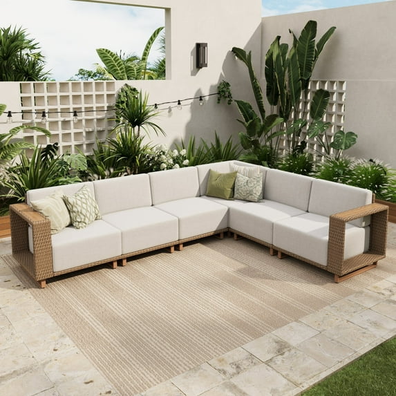 Sophia & William 6 Pieces Wicker Patio Furniture Set 6-Seat Outdoor Cushioned Conversation Set, Yellow-Brown & Beige