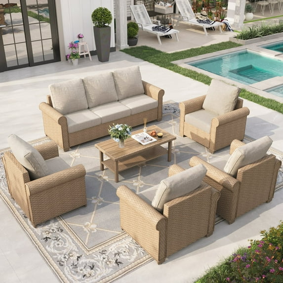 Sophia & William 6 Pieces Wicker Patio Furniture Set 7-Seat Outdoor Cushioned Conversation Set with Coffe Table, Beige