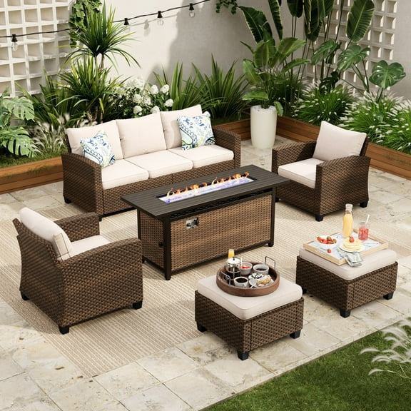 Sophia & William 6 Pieces Wicker Patio Furniture Set with 56" Fire Pit Table 7-Seat Outdoor Conversation Set, Beige