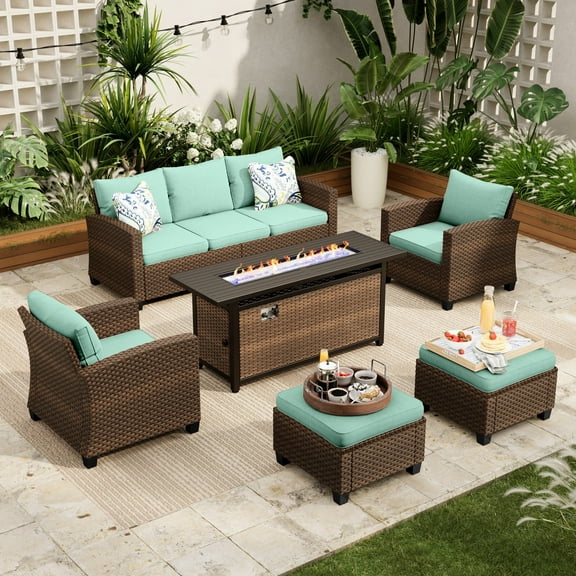 Sophia & William 6 Pieces Wicker Patio Furniture Set 7-Seat Outdoor Conversation Set with 56" Fire Pit Table, Blue
