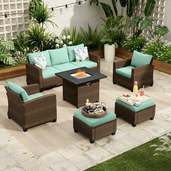 Sophia & William 6 Pieces Wicker Patio Furniture Set 7-Seat Outdoor Conversation Set with Fire Pit Table, Blue