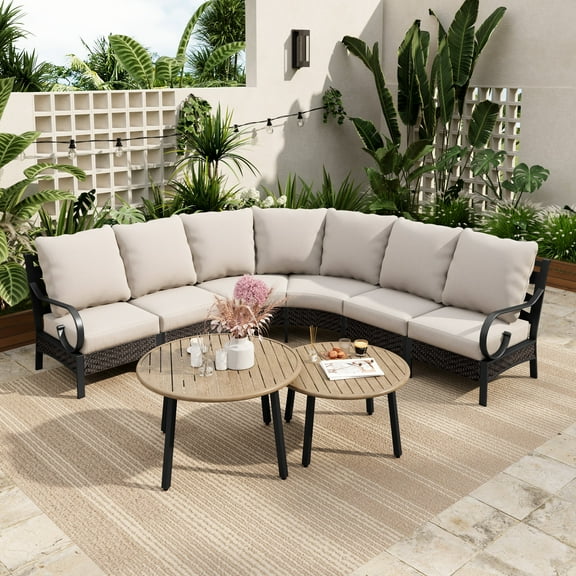 Sophia & William 6 Seat Patio Outdoor Furniture Set Half-Moon Sectional Sofa Metal Conversation Set & 2 Wood-like Coffee Tables