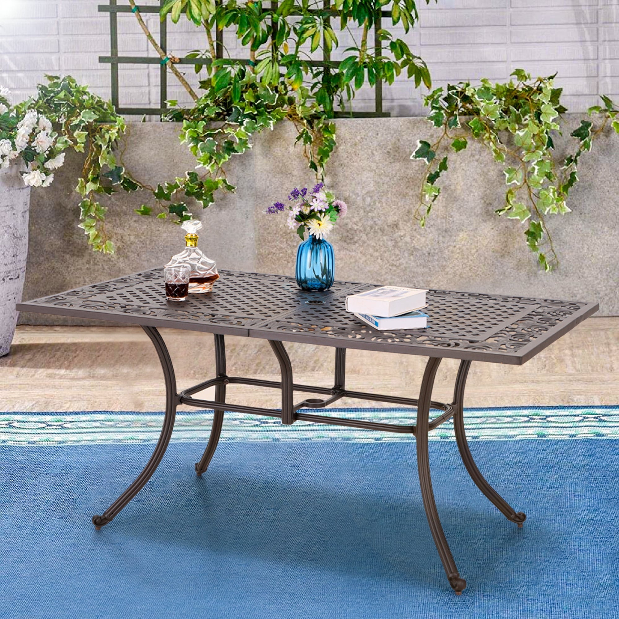 bronze rectangular patio table with umbrella hole Sophia & William 54Cast Aluminum Patio Dining Table with Umbrella Hole